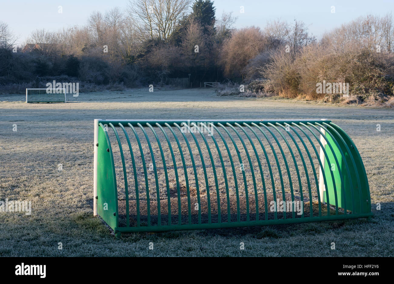 Children`s football pitch on public land, in winter, Warwick, UK Stock Photo